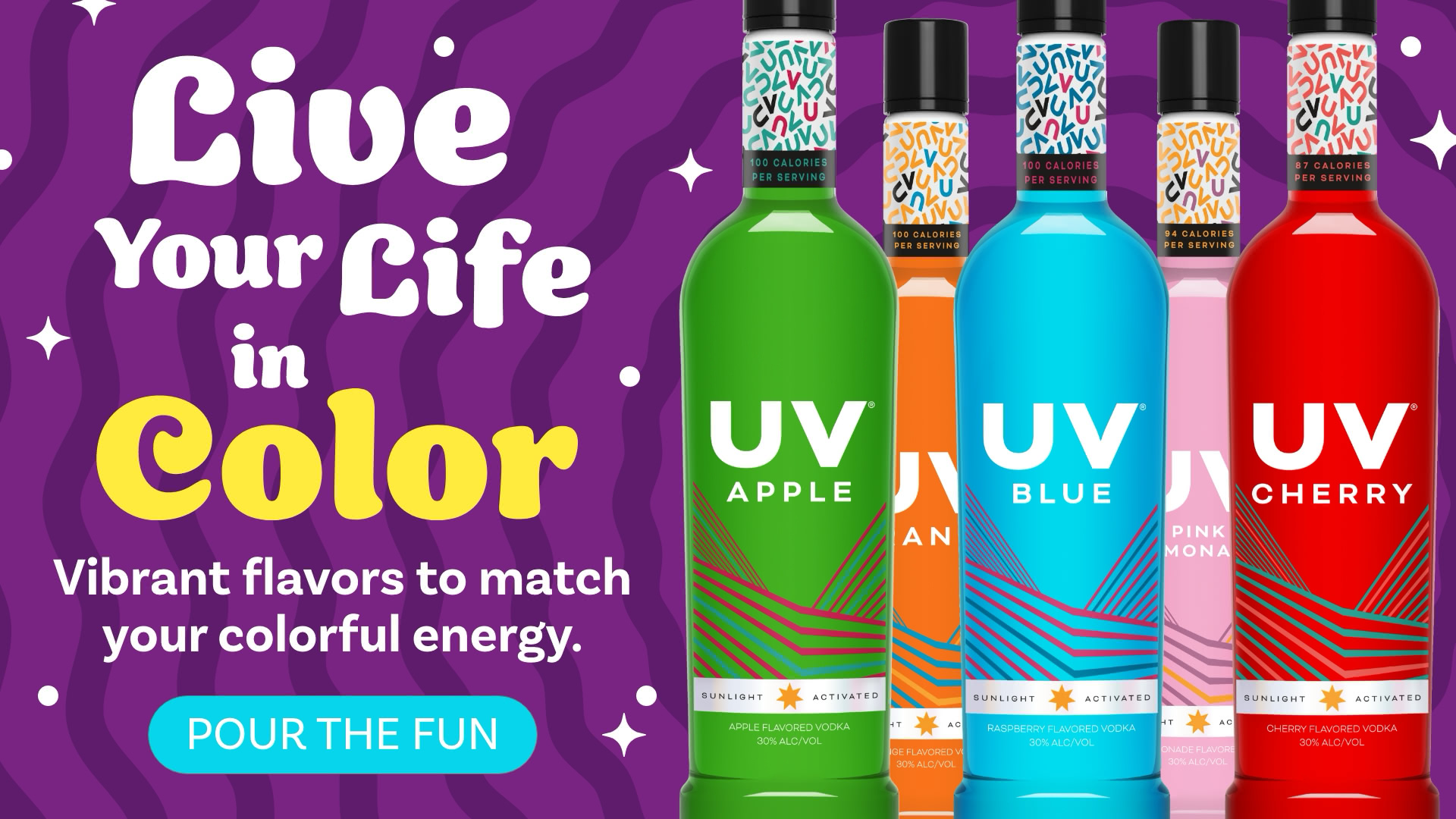 Five bottles of colorful UV Vodka