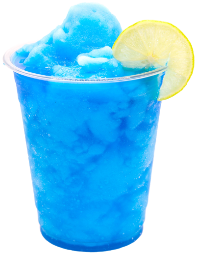 A glass with blue slush and a lemon