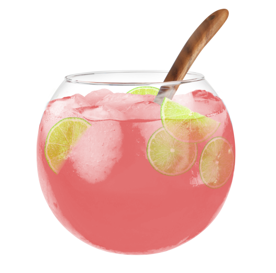 A pink drink with fruit and a spoon